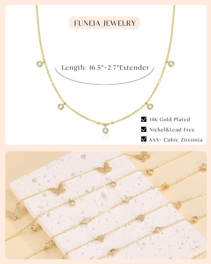 FUNEIA Dainty Silver Gold Necklaces for Women Trendy Non Tarnish 14K Gold Plated Cubic Zirconia Necklace Layered Cute Butterfly Heart Station Choker Necklace Stack for Wedding Prom Brides Jewelry - Image 5